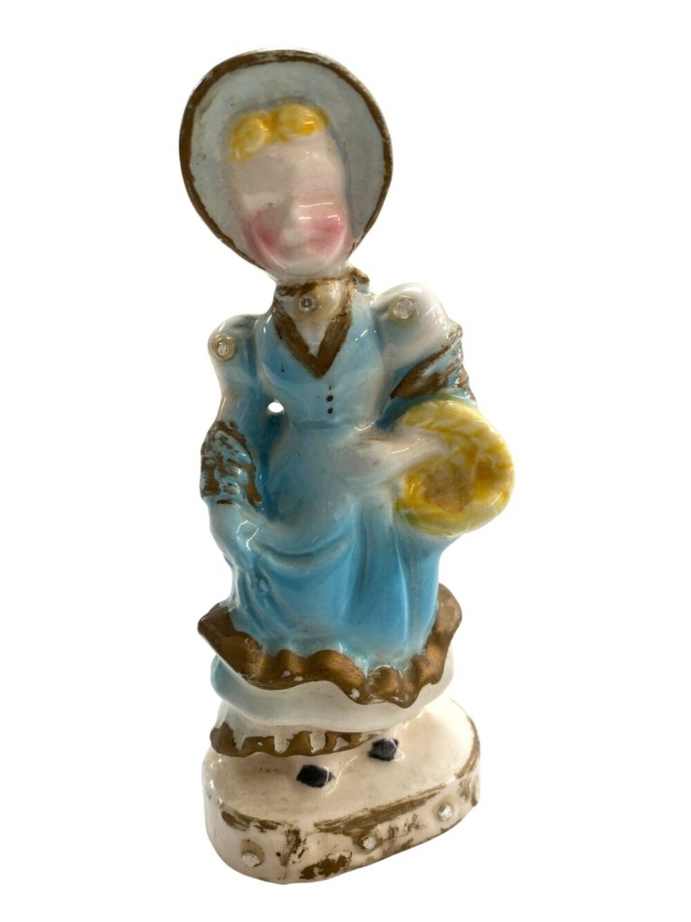 Vintage Kreiss Blue Porcelain Lady Figurine With Bonnet & Basket 1950s Collectib